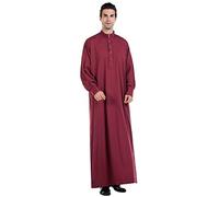 WOWDECOR New Solid Color Robe Kaftan for Men, Thobe Long Gown Saudi Arabia Dubai Muslim Clothes Stand Collar Shirt (Red, 3XL)