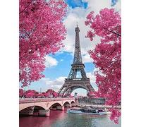 WOWDECOR Paint by Numbers Kits, DIY Oil Painting - Paris Eiffel Tower Pink Tree Romantic 16x20 inch (Frameless)