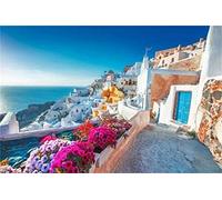 WOWDECOR Paint by Numbers Kits for Adults Kids, DIY Oil Painting - Greece House Flowers Seaside Landscape 16x20 inch (Framed)