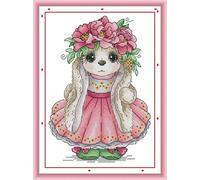 WOWDECOR Stamped Cross Stitch Kits for Adults Beginners, Pre Printed Adorable Bunny Rabbit with Peony Wreath 11ct 22x29cm Pattern DIY Embroidery Starter Kit Needlework Set