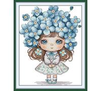 WOWDECOR Stamped Cross Stitch Kits for Adults Beginners, Pre Printed Forget - Me - Not Girl Flower Doll Cute Character 11ct 25x34cm Pattern DIY Embroidery Starter Kit Needlework Set