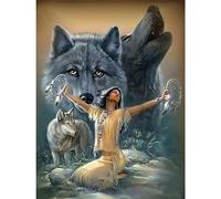 WOWDECOR Stamped Cross Stitch Kits for Adults Beginners, Pre Printed Indian Woman and Wolf 11ct 30x40cm Pattern DIY Embroidery Starter Kit Needlework Set