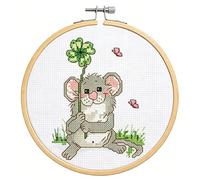 WOWDECOR Stamped Mini Cross Stitch Kits for Adults Beginners with Hoop, Pre Printed Mouse Rat Clover Four Leaf Butterfly Pattern 11ct 15x15cm DIY Embroidery Starter Kit