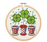 WOWDECOR Stamped Mini Cross Stitch Kits for Adults Beginners with Hoop, Pre Printed Shamrock Clover Potted Plant Pot Pattern 11ct 15x15cm DIY Embroidery Starter Kit
