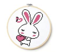 WOWDECOR Stamped Mini Cross Stitch Kits for Adults Beginners with Hoop, Pre Printed White Bunny Rabbit Love Heart Pet Animal Pattern 11ct 15x15cm DIY Embroidery Starter Kit
