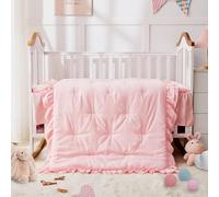 Wowelife Crib Bedding Set for Girls, 3-Piece Double Ruffle Baby Bedding Crib Set Include Boho Crib Comforter, Crib Fitted Sheet and Crib Skirt, Light Pink