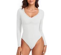 WOWENY Lace V Neck Bodysuit for Women Long Sleeve Sexy Ladies Body Suit Leotard Top with Snap Closure Going Out Casual(White, XXL)