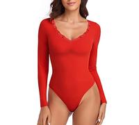 WOWENY Lace V Neck Bodysuit for Women Long Sleeve Sexy Ladies Body Suit Leotard Top with Snap Closure Going Out Casual(Red, S)