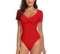 WOWENY Lace V Neck Bodysuit for Women Short Sleeve Sexy Ladies Body Suit Leotard Top with Snap Closure Going Out Casual(Red, S)