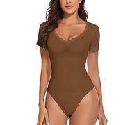 WOWENY Lace V neck Bodysuit for women Short Sleeve Sexy Ladies Body Suit Slimming Leotard Top with Snap Closure Going Out Casual(Brown,XL)
