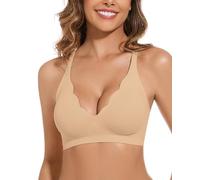 WOWENY Non Wired Bras for Women Padded Wavy V Neck Bralettes Seamless Invisible Comfy Soft Bustier Everyday Bra(Nude,XL)