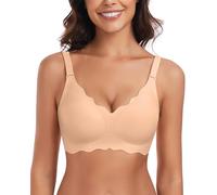 WOWENY Non Wired Padded Bras for Women with Support Wavy V Neck Seamless Tshirt Bra Floral Print Bralettes Soft Comfy Bustier(Beige, XL)