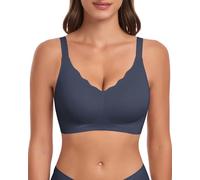 WOWENY Padded Non Wired Bras for Women Comfort Bras with Support Seamless Bralettes Tshirt Bra Wavy V Neck Everyday Bras(Dark Blue, L)