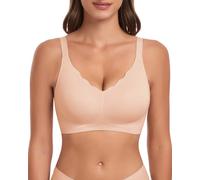 WOWENY Padded Non Wired Bras for Women Comfort Bras with Support Seamless Bralettes Tshirt Bra Wavy V Neck Everyday Bras(Beige, S)