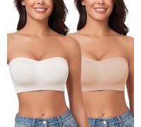 WOWENY Strapless Bandeau Bra Padded for Women Seamless Non Wired Bralette Boob Tube Non-Slip Silicone Bras with Transparent Straps(Beige+White, M)