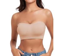 WOWENY Strapless Bandeau Bra Padded for Women Seamless Non Wired Bralette Boob Tube Non-Slip Silicone Bras with Transparent Straps(Beige, XS)