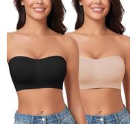 WOWENY Strapless Bandeau Bra Padded for Women Seamless Non Wired Bralette Boob Tube Non-Slip Silicone Bras with Transparent Straps(Black+Beige, L)