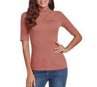 WOWENY Women's Half Sleeve Shirts Mock Turtleneck Slim Fitted Basic Stretchy Lightweight T-Shirt Tops Shirts Based Layer Tight Tops Tee,Pink,L