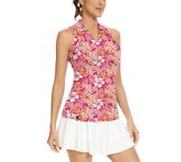 WOWENY Womens Sleeveless Golf Shirt Ruffle Polo Shirts Moisture Wicking Golf Apparel Slim Fitted Golf Tennis Tank Tops, 1-pink Floral, XL