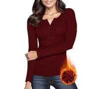 WOWENY Womens Thermal Tops With Button Base Layers Ribbed Ladies Long Sleeve Tops T Shirts Stretch Plain Slim Fit,wine red,M