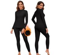 WOWENY Womens Thermal Underwear Set Ultra Soft Turtle Neck Long Johns Sleeved Top Base Layer Warm Tops & Bottoms for Skiing Sport Yoga,Black,XL