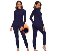 WOWENY Womens Thermal Underwear Set Ultra Soft Turtle Neck Long Johns Sleeved Top Base Layer Warm Tops & Bottoms for Skiing Sport Yoga,Darkblue,L