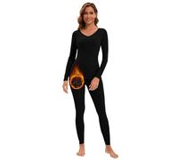 WOWENY Womens Thermal Underwear Set Ultra Soft V Neck With Lace Long Johns Sleeved Top Base Layer Warm Tops & Bottoms for Skiing Sport Yoga,Black,S