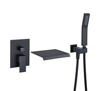 Wowkk Wall Mount Tub Filler Waterfall Roman Tub Faucet Black Single Handle Brass Bathroom Bathtub Faucet with Hand Shower