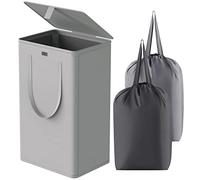 WOWLIVE 100L Laundry Hamper with Lid, Large Foldable Laundry Basket with 2 Removable Bags and Handles, Tall Collapsible Dirty Clothes Hamper for Laundry Room, Bathroom, Dorm (Grey)