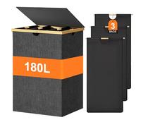 WOWLIVE 180L Laundry Hamper 3 Section, Bamboo Laundry Basket with lid, Extra Large Dirty Clothes Hamper with Removable Bags, Laundry Bin Organizer Storage for Dorm Bedroom Bathroom, Black