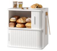 WOWLIVE 2-Tier Bread Box for Kitchen Countertop, Double Layer Roll Top Bread Boxes with Sliding Doors, Extra Large Bread Storage Cabinet for Loaves & Pastries, Bamboo Counter Organizer, White