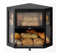 WOWLIVE Corner Bread Box for Kitchen Countertop, Double Layer Bamboo Bread Storage Container, Large Farmhouse Bread box with Acrylic Wavy Door Panel, Under Cabinet Organizer (Black, Medium)