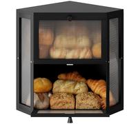 WOWLIVE Corner Bread Box for Kitchen Countertop, Double Layer Bamboo Bread Storage Container, Large Farmhouse Bread box with Acrylic Wavy Door Panel, Under Cabinet Organizer (Black, Extra Large)