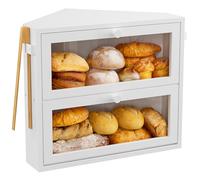 WOWLIVE Corner Bread Box for Kitchen Countertop, Large Double Layer Bread Storage Container for Homemade Bread, Black Bread Holder for Kitchen Counter, Under Cabinet Organizer (White, Medium)
