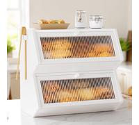 WOWLIVE Double Layer Bread Box for Kitchen Countertop, Large Bamboo Bread Storage Container for Homemade Bread, Farmhouse Bread Holder for Kitchen Counter Cabinet, Pantry, (White, Extra Large)