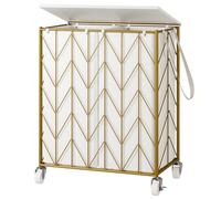 WOWLIVE Laundry Basket with Wheels, Heavy Duty Laundry Hamper with Wood Lid, Clothes Hamper with Divided Removable Liner Bag, Large Capacity Iron-Made Laundry Sorter Laundry Room Organization (Golden)