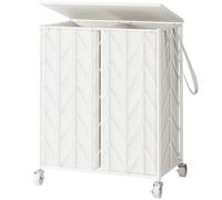 WOWLIVE Laundry Basket with Wheels, Heavy Duty Laundry Hamper with Wood Lid, Clothes Hamper with Divided Removable Liner Bag, Large Capacity Iron-Made Laundry Sorter Laundry Room Organization (White)