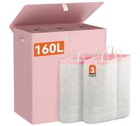 WOWLIVE Laundry Hamper with Lid,160L Large Laundry Basket 3 Section with Removable Washing Bags,Collapsible Waterproof Dirty Clothes Hamper for Laundry Room Bathroom Dorm,Pink