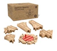 WOWME 12 Piece Wooden Train Track Switch Set | Set with Turntable and Y Connectors Beech Wood Railway Expansion for Advanced Layouts