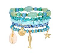 WOWORAMA 5PCS Layered Beads Bracelet Set for Women Gold Sea Shell Fish Charm Bracelet Blue Stackable Summer Surfer Bracelets Boho Multi Layer Strand Bracelets