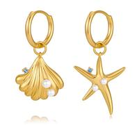 WOWORAMA Gold Shell Starfish Earrings for Women Seashell Huggie Hoop Drop Earrings Asymmetric Sea Star Shell Hoop Earrings Boho Summer Beach Earrings