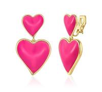 WOWORAMA Pink Heart Clip On Earrings for Women Hot Pink Double Hearts Drop Earrings Statement Love Heart Clip Earring