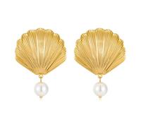 WOWORAMA Sea Shell Dangle Gold Earrings for Women Chunky Shell Pearls Drop Earring Summer Beach Shell Dangle Statement Gold Earrings Jewelry