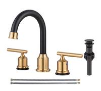 WOWOW 3 Hole Bathroom Faucet Widespread Bathroom Sink Faucet with Pop Up Drain Stopper Vanity Faucet 2 Handle Basin Faucet Black and Gold Mixer Tap with Supply Hoses