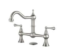 WOWOW 8 inch Centerset Bridge Kitchen Faucet 2 Handles 2 or 3 Holes Antique Classic Heritage Deck-Mount Kitchen Sink Faucet,Brushed Nickel