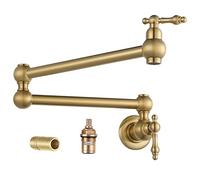 WOWOW Gold Pot Filler Faucet Wall Mounted Copper 2 Handles with Double Joint Swing Arm, Single Hole Brass for Commercial Stove