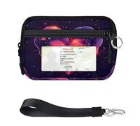 WowPrint Abstract Heart Galaxy Mini Zip Card Case for Women Men with ID Window Wallet Portable Lightweight Small Purses Zipper Coin Card Organizer Bag