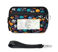 WowPrint Colorful Football Ball Mini Zip Card Case for Women Men with ID Window Wallet Portable Lightweight Small Purses Zipper Coin Card Organizer Bag