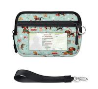 WowPrint Cute Christmas Dachshund Mini Zip Card Case for Women Men with ID Window Wallet Portable Lightweight Small Purses Zipper Coin Card Organizer Bag