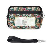 WowPrint Cute Flower Corgi Dog Mini Zip Card Case for Women Men with ID Window Wallet Portable Lightweight Small Purses Zipper Coin Card Organizer Bag